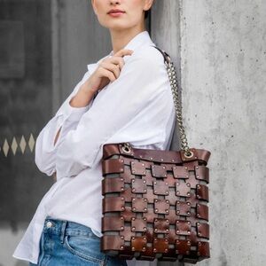 Woven Leather Shoulder Bag - Brown